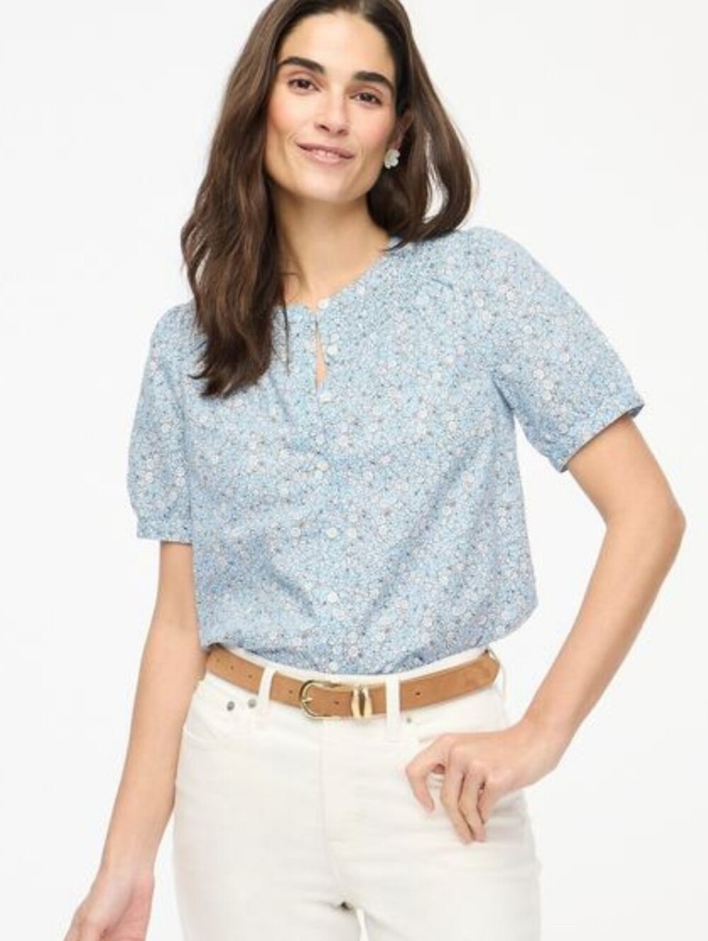 J. Crew Floral Short Sleeve Button Front Blouse Linen Cotton Blue Cottagecore M